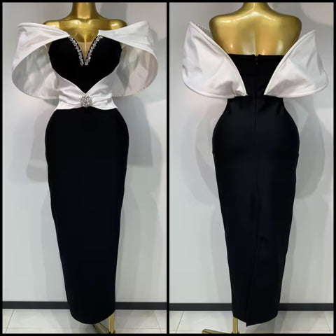 Women Sexy Strapless B&W Rhinestone Maxi Dress