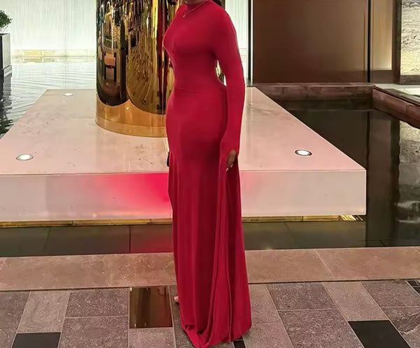 Women Sexy Red Asymmetrical Full Sleeve Maxi Dress