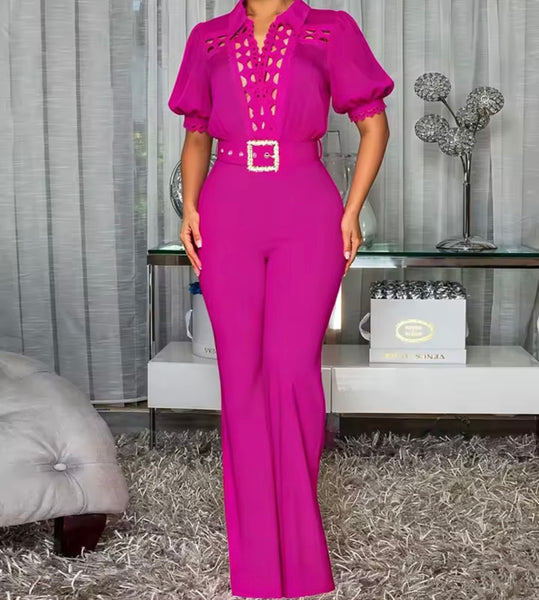 Women Collar Short Sleeve Belted Fashion Jumpsuit