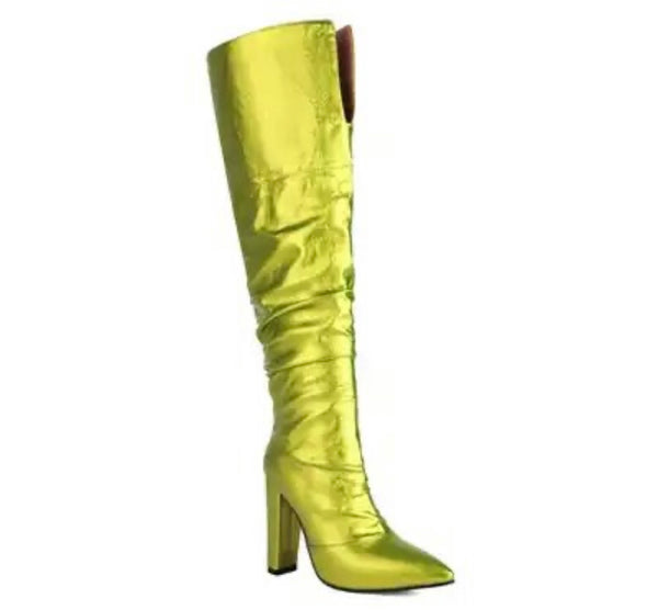 Women Pointed Toe Solid Color Fashion PU Knee High Boots