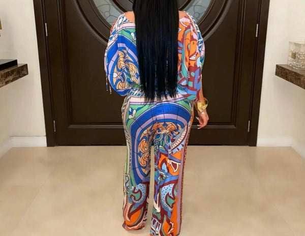Women Sexy Fashion Full Sleeve Multicolored Print Two Piece Pant Set