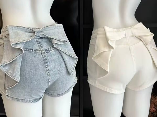 Women Fashion Back Bow Denim Shorts