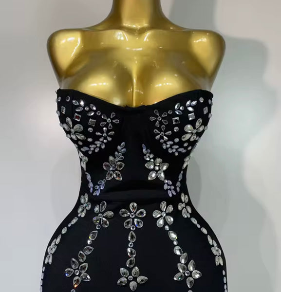 Women Sexy Black Strapless Floral Rhinestone Maxi Dress