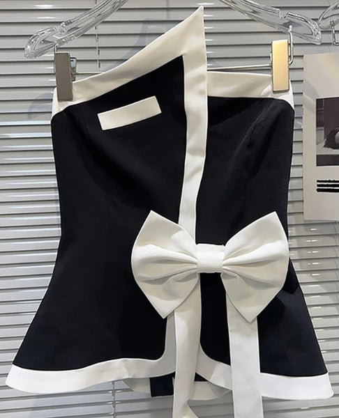 Women Sexy Strapless B&W Bow Crop Top