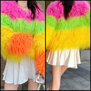 Women Fashion Multicolored Faux Fur Jacket