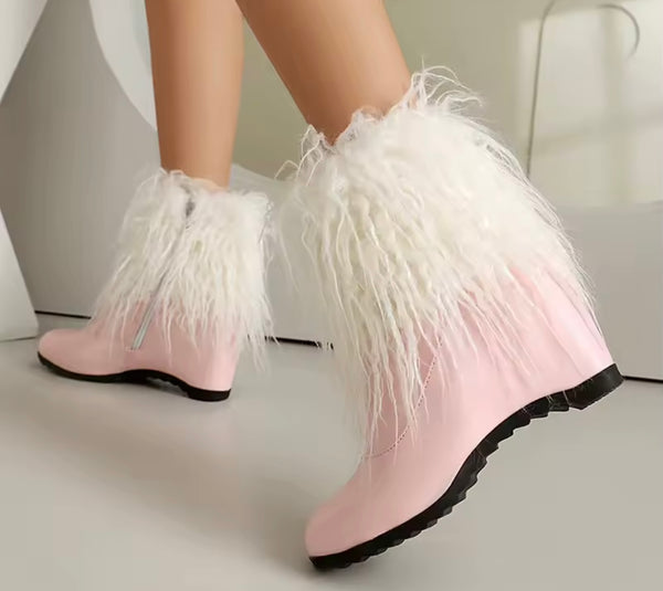 Women Color Fashion Furry Platform Zip Up Ankle Boots