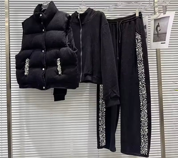 Women Bling Velour Tracksuit Puff Vest Three Piece Pant Set
