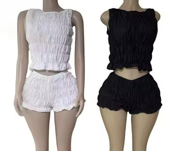 Women Sleeveless Solid Color Ruffled Crop Two Piece Short Set