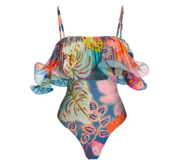 Women Sexy Fashion Multicolored Ruffled Swimsuit Cover Up Set