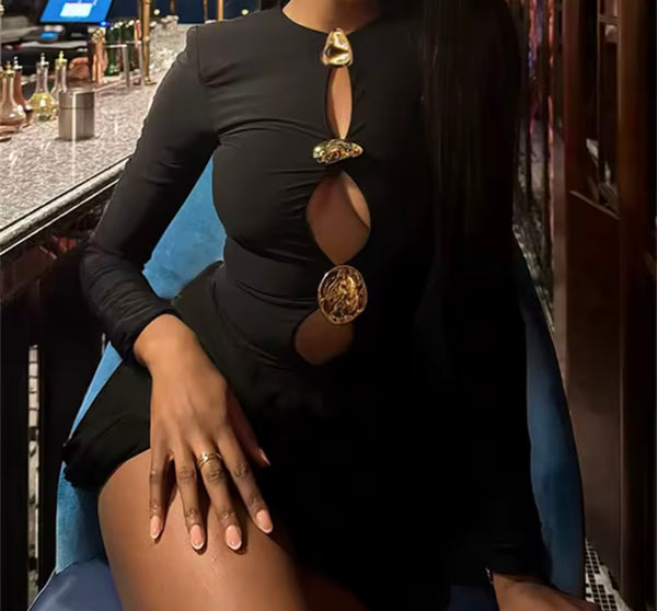 Women Sexy Gold Medal Cut Out Full Sleeve Draped Dress