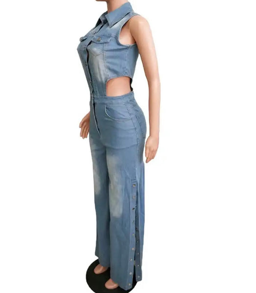 Women Sleeveless Button Fashion Denim Jumpsuit