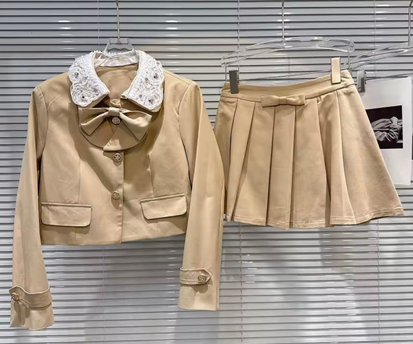 Women Lace Bow Button Up Blazer Two Piece Pleated Skirt Set