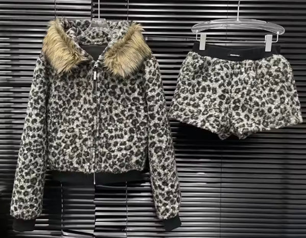 Women Fashion Leopard Fur Patchwork Three Piece Pant Set