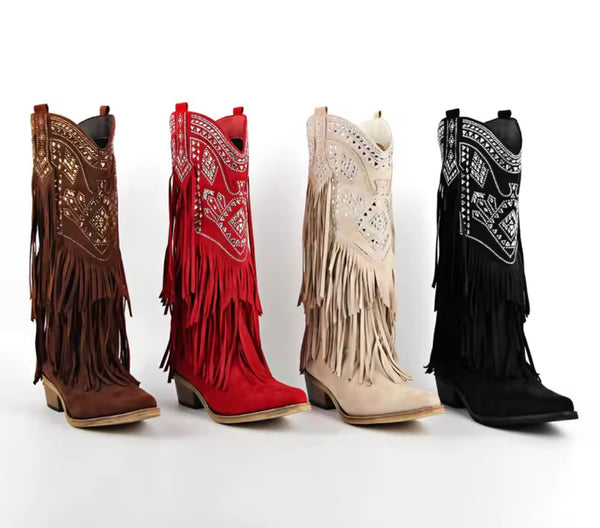 Women Fashion Suede Bling Fringe Tassel Western Boots