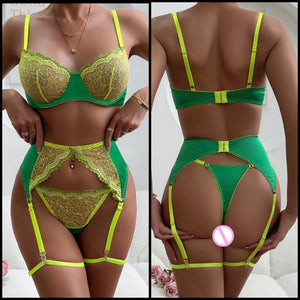 Women Sexy Color Patchwork Lace Lingerie Set