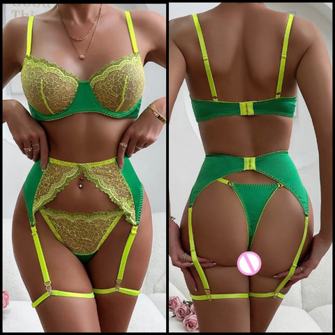 Women Sexy Color Patchwork Lace Lingerie Set