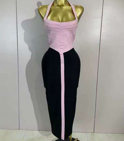 Women Sexy Color Patchwork Halter Sleeveless Maxi Dress