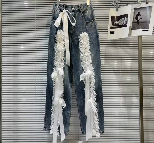 Women Fashion White Lace Bow Denim Pants