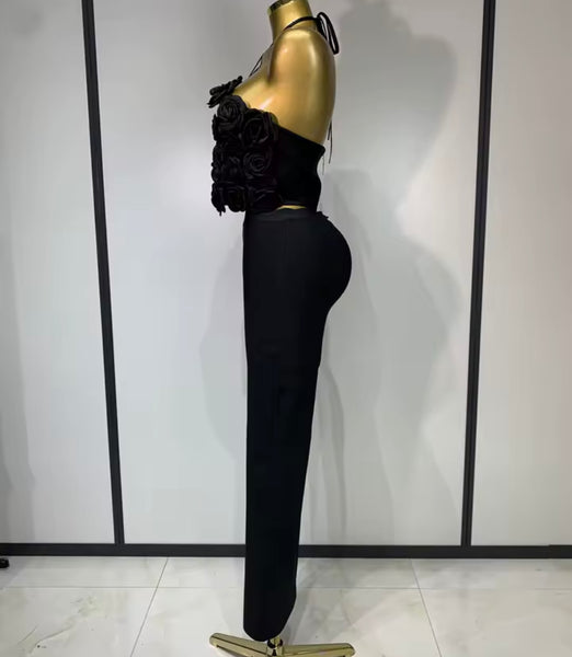 Women Fashion 3D Floral Halter Sleeveless Two Piece Pant Set