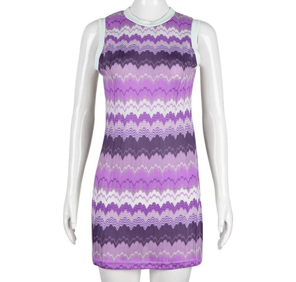 Women Purple Gradient Striped Sexy Sleeveless Dress