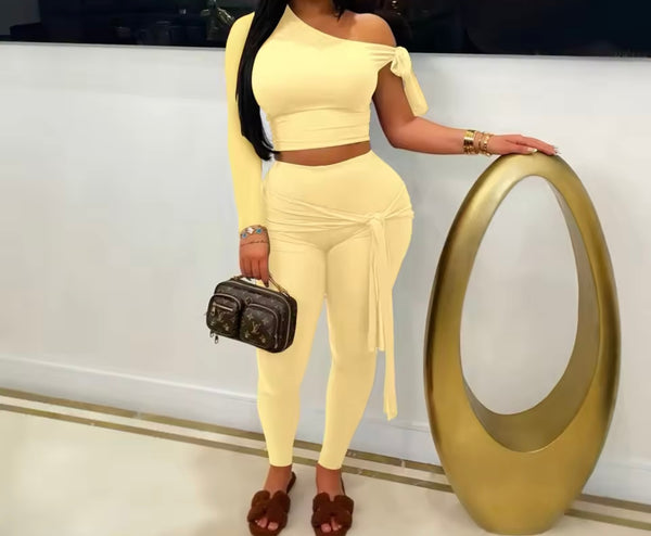 Women Solid Color Tie Up One Shoulder Two Piece Pant Set