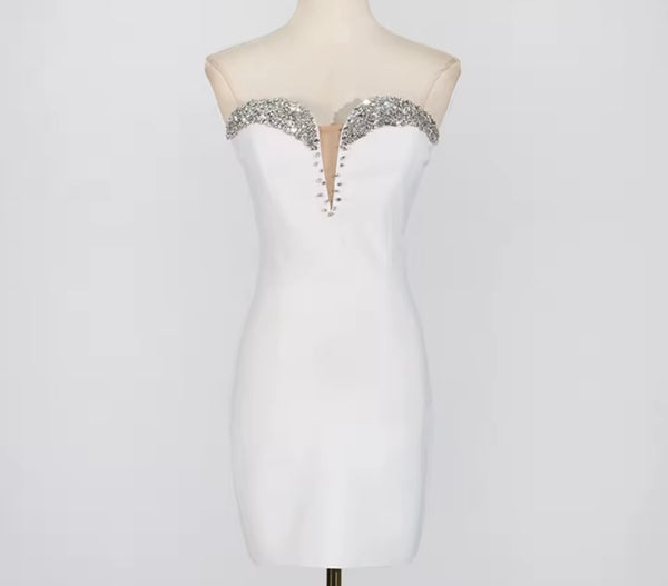 Women White Sexy Strapless Rhinestone Patchwork Dress
