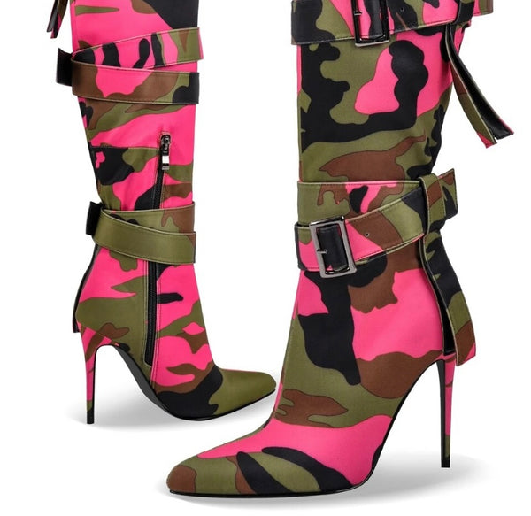 Women Fashion Camouflage Buckled Knee High Boots