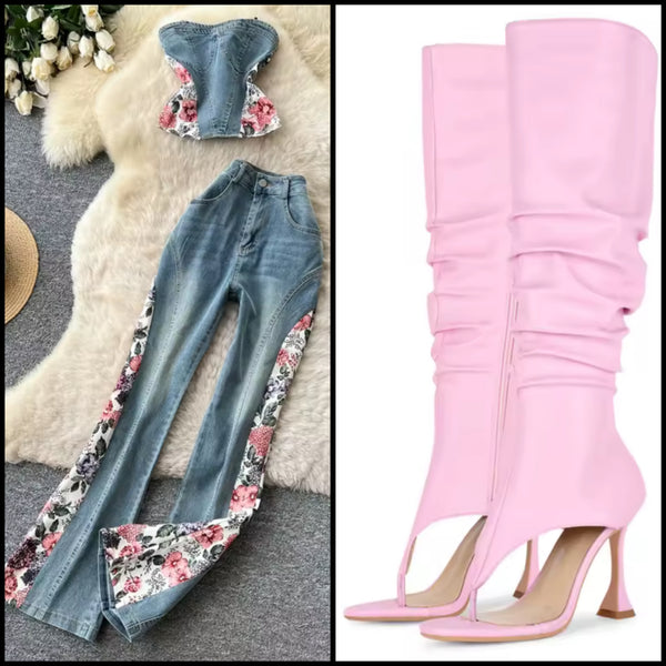 Women Strapless Floral Patchwork Denim Two Piece Pant Set