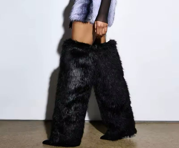 Women Fashion Black Faux Fur Over The Knee Boots