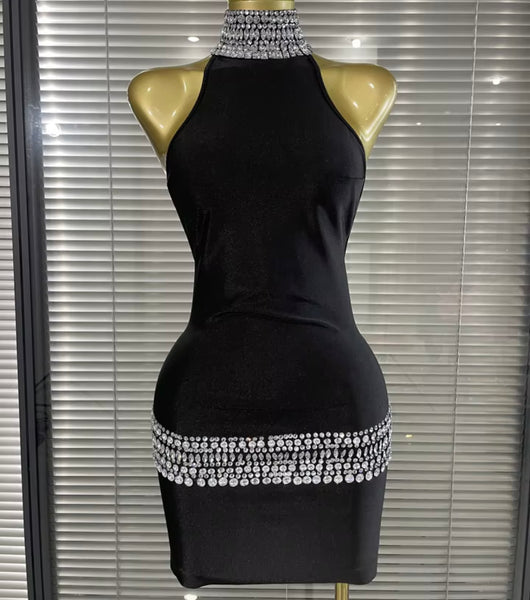 Women Sexy Halter Sleeveless Open Back Rhinestone Dress