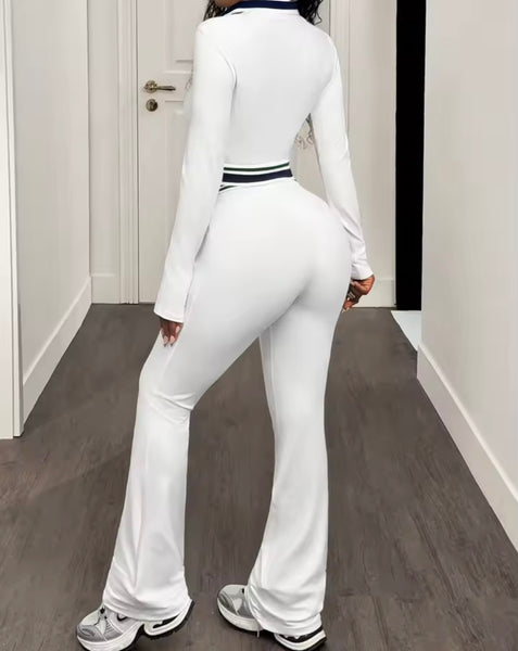 Women Fashion Striped Zip Up Tracksuit Two Piece Pant Set