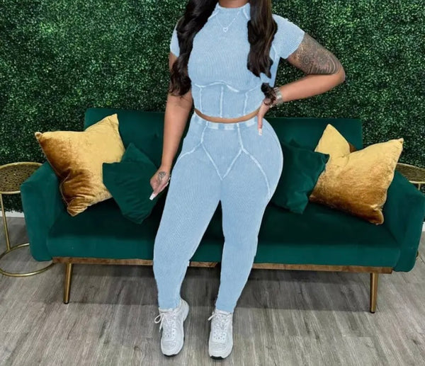 Women Fashion Ribbed Short Sleeve Two Piece Pant Set
