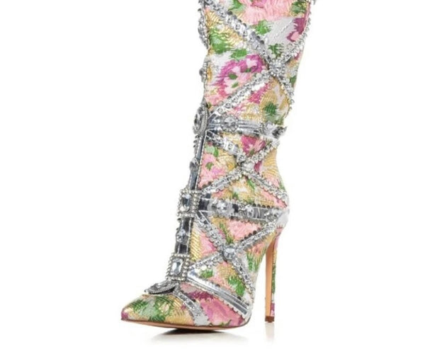 Women Multicolored Floral Crystal Fashion Knee High Boots