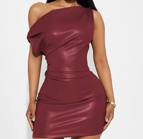 Women Sexy PU Ruched Short Sleeve Dress