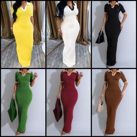Women Color Patchwork Collar Short Sleeve Sexy Maxi Dress