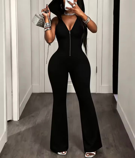 Women Black Sleeveless Hooded Open Back Jumpsuit