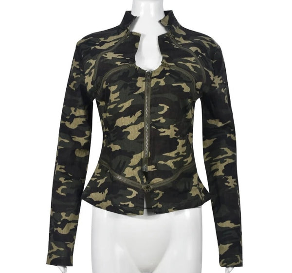 Women Fashion Camouflage Full Sleeve Zip Up Top