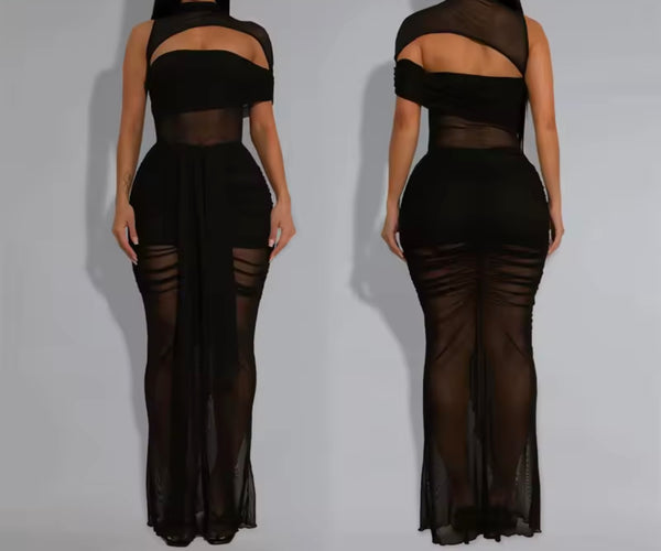 Women Black Sleeveless Mesh Sexy Maxi Dress