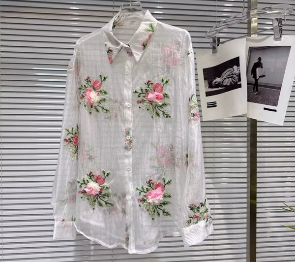 Women Floral Collar Button Up Full Sleeve Two Piece Short Set
