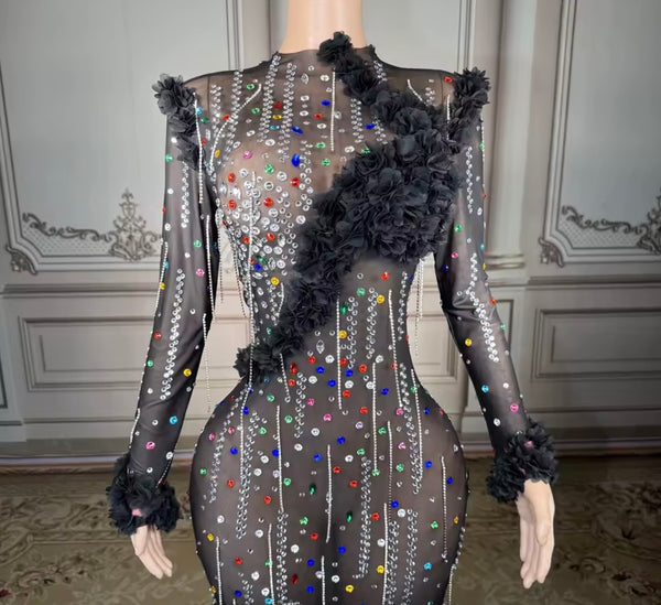 Women Sexy Black Multicolored Rhinestone Mesh Maxi Dress