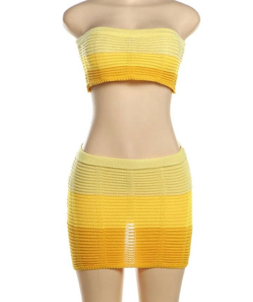 Women Yellow Gradient Strapless Sexy Two Piece Skirt Set