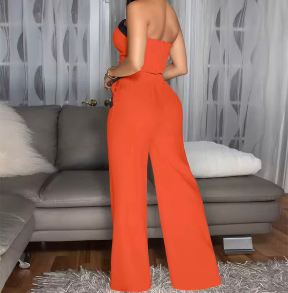 Women Sexy Button Up Strapless Color Patchwork Two Piece Pant Set