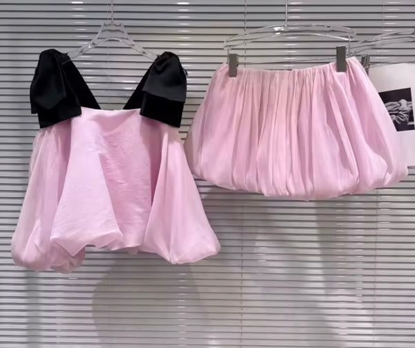 Women Pink Bow Sleeveless Two Piece Skirt Set