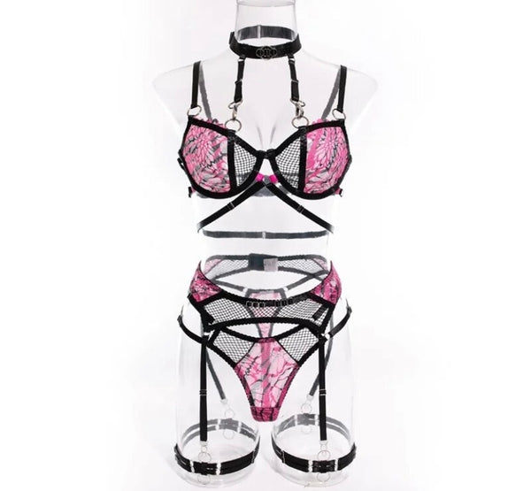 Women Sexy Choker Color Patchwork Mesh Lingerie Set