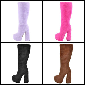 Women Color Fashion Faux Fur Fluffy Platform Knee High Boots