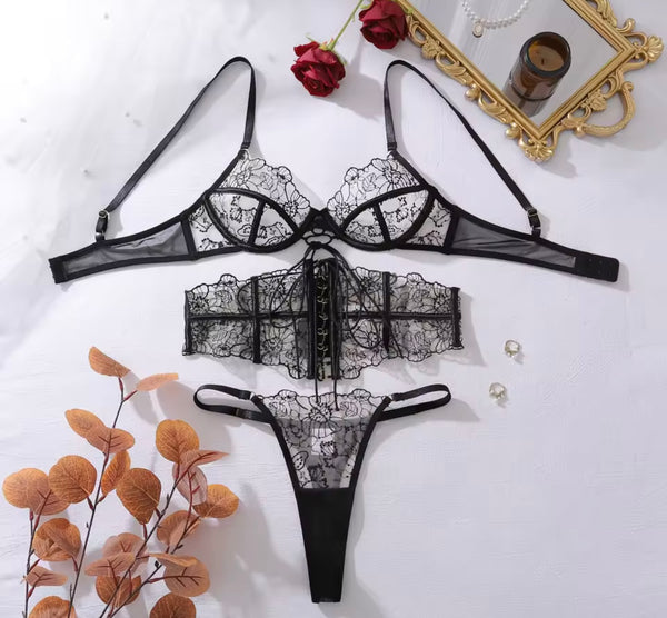 Women Sexy Black See Through Floral Mesh Lingerie Set