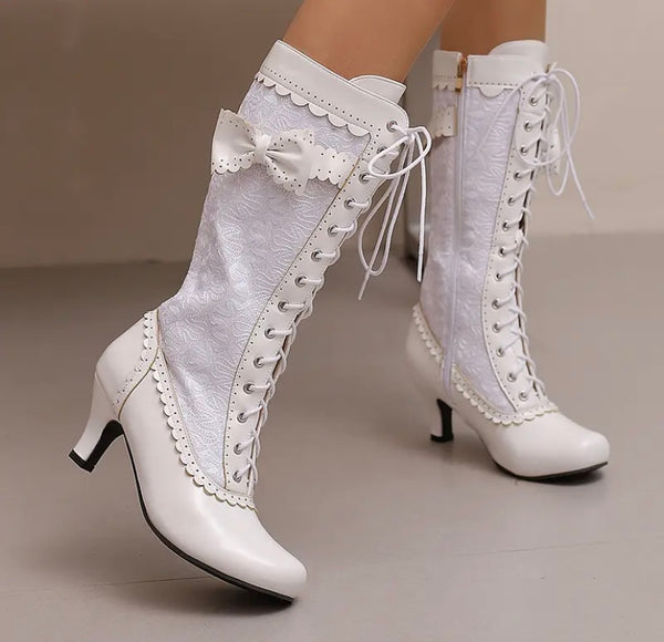 Women Fashion Lace Bow Faux Leather Lace Up Boots