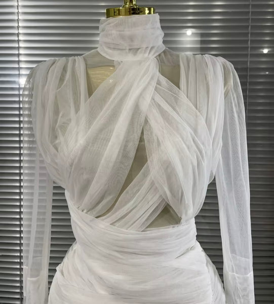 Women White Sexy Ruffled Ruched Mesh Full Sleeve Dress