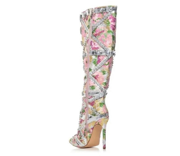 Women Multicolored Floral Crystal Fashion Knee High Boots