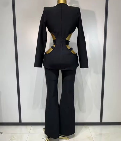 Women Black Fashion Hollow Out Full Sleeve Blazer Two Piece Pant Set